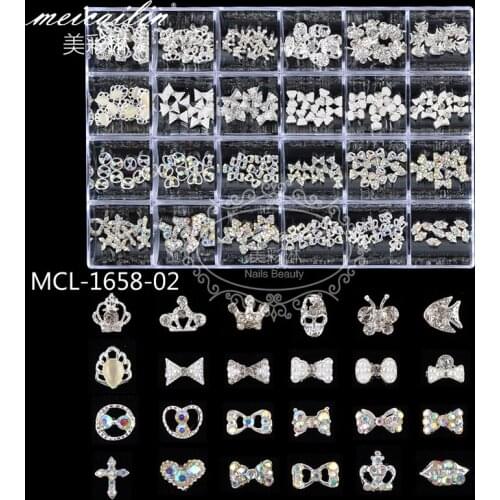 240PCS Mixed Design Shiny 3D Nail Art Decorations Japanese Metal Alloy Silver Bow Knot Crown Frame DIY Charms Manicure Studs
