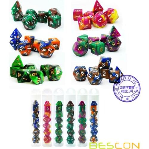 Bescon Mini Two Tone Polyhedral RPG Dice Set 10MM, Small Dice Set D4-D20 in Tube, 6 New Assorted Colored of 42pcs