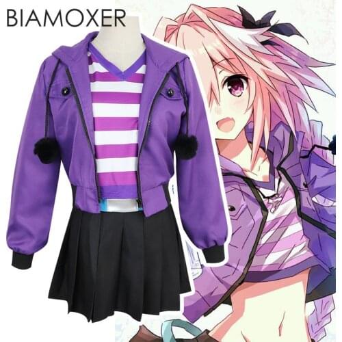 Biamoxer Fate Apocrypha Astolfo Cosplay Costumes Pink Wig Women Purple Jacket Spring Coat For Halloween Party
