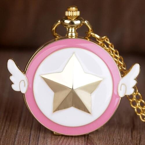 Retro Gold Cartoon Anime Cardcaptor Sakura Star Wing Quartz Pocket Watch with Chain for Women Fob Watch Necklace Girl CF1030