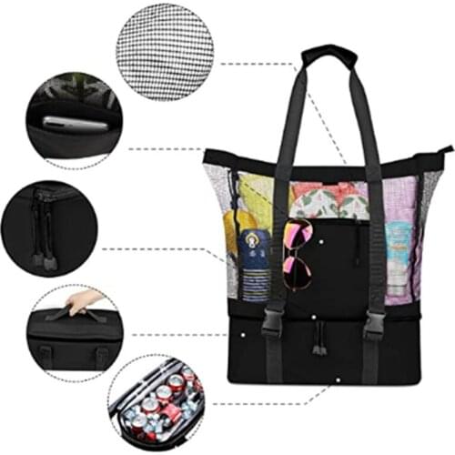 Breathable Multiple Pockets Mesh Storage Bag Large Capacity Mesh Bag Beach Picnic Travel Bag Tote Storage Pouch Handbag