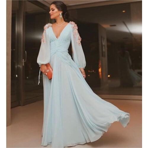 Elegant Long Sleeve Chiffon Evening Dress 3D Flowers Sexy Deep V Neck Open Back Plus Size A Line Prom Dresses Pleated Party Gown