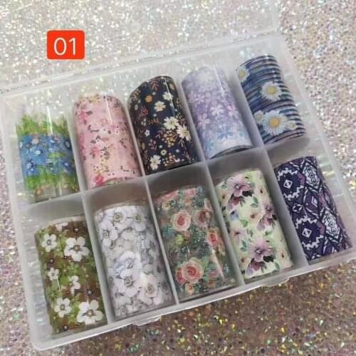 10Pcs/Box Flower Nail Art Foils Transfer Sticker Holographic Nail Decal Sparkle Nail Foils UV Gel Tips Manicure Nail Art Foils