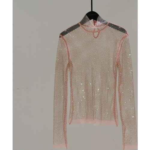 H80&S90 New Shiny Rhinestone Long Sleeve Sexy Pullover Mesh Women See Through Tank Tops Skinny Turtleneck Shirt Vestidos Verano