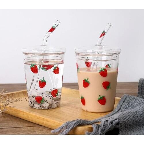Creative Strawberry Childrens Milk Juice Water Cups Glass Home Drinking Breakfast Straw With Lid Net Red My Bottles Gift