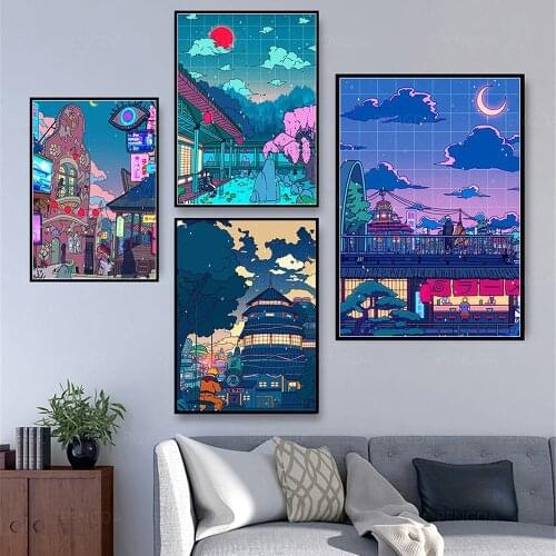 Cartoon View Street HD Prints Posters Canvas Wall Art Home Decoration Night Tree Cute Painting Pictures For Nursery Kids Bedroom
