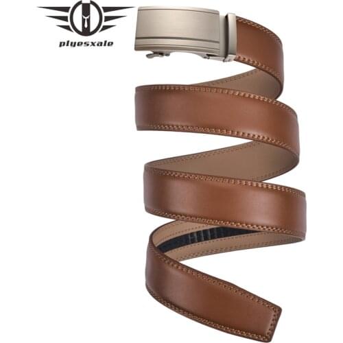 Plyesxale Mens High Quality Genuine Leather Belt Ratchet Automatic Buckle Brown Men Belt Popular Luxury Mens Business Belts B210