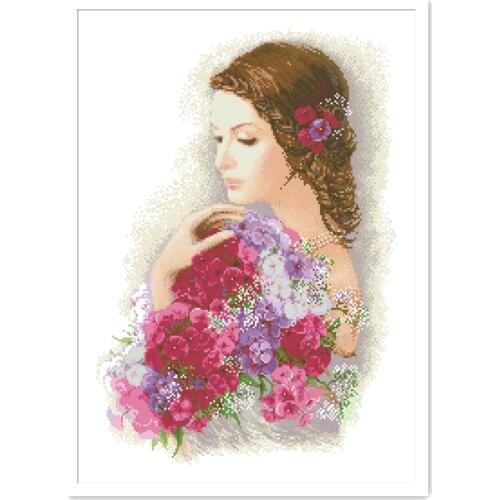 Beauty and flowers cross stitch kit with beads 18ct 14ct 11ct white fabric cotton thread embroidery DIY handmade needlework