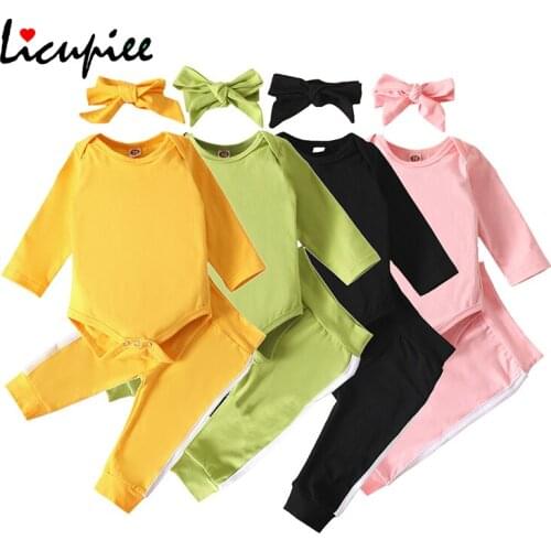 Newborn Baby Clothes Casual Set Solid Color Long Sleeve Romper Tops Long Pants Bowknot Headband 3pcs Outfits Set Baby 0-24 Month