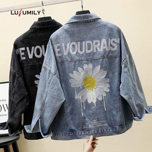 Lusumily Autumn Denim Jacket Women Embroidery Daisy Jean Jacket Loose Cowboy Outwear Loose Spring Coat Female Denim Coat