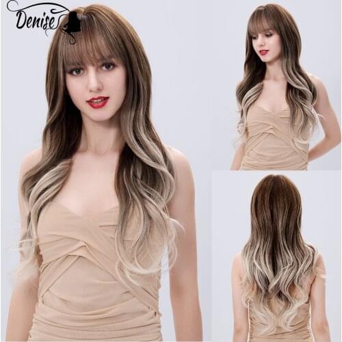 Brown To Blonde Female Ombre Hair Synthetic Wig With Bangs For White Women Daily Cosplay Wavy Natural Heat Resistant Girl Wigs