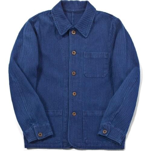 Fashion Plant Blue Dyed Jacket Men French Cargo Coat Single-breasted Retro Long-sleeved Indigo Jacket with Pocket Mens Workwear