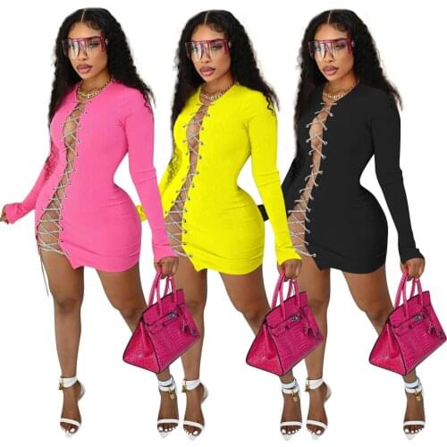 Sexy Hollow Out Chain Cross Lace Up Mini Women Dress Casual Solid Knitted Rib Long Sleeve Bodycon Club Party Dresses Robe Lounge