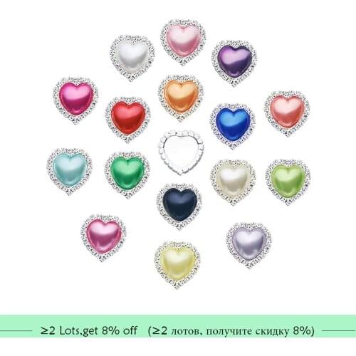 Free shipping 20mm 10PCS heart shape pearl rhinestone button with flat back (BTN-5031)