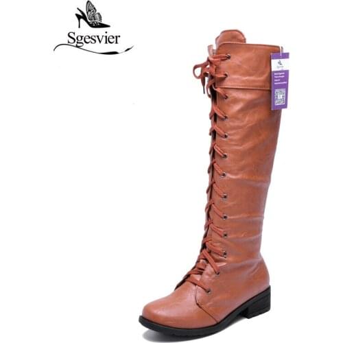 SGESVIER Women Boots Black White Cosplay Boots Knee High Boots Fashion Shoes For Women Lace up Motorcycle Boots Size 34-43 OX008