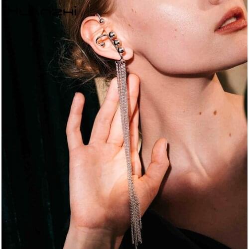 HUANZHI 2019 New Design Korean Unique Personality Long Tassel Gold Ball Ears Cuffs no Piercing Ear Clip for Women Party