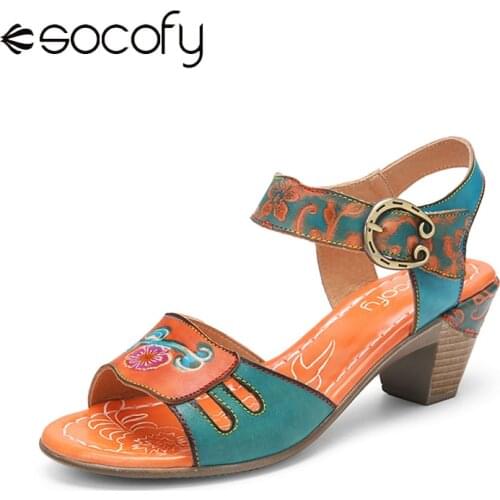 SOCOFY Women Elegant Floral Printed Sandals Splicing Cut-out Genuine Leather Hook Loop Chunky Heel Casual Outdoor Sandals