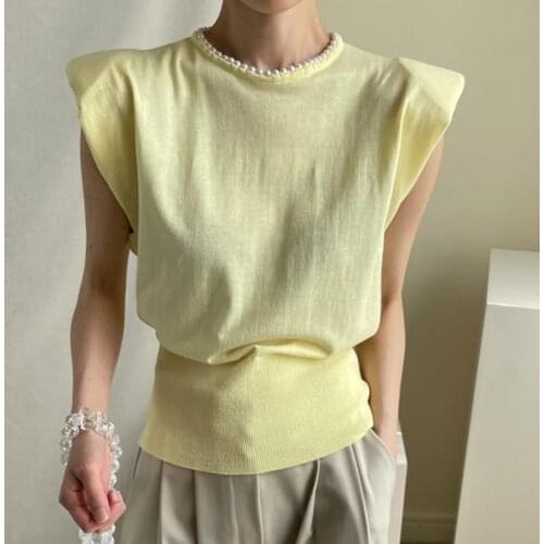 Heavy Beaded Round Neck Pullover Knit T-shirt Casual Solid Color Flying Sleeve Tshirt 2021 Women Fashion Clothing