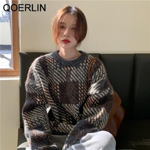 QOERLIN Thicken Checked Sweater Women Winter Clothing Warm Lantern Sleeve Oversized Sweater Pullovers Couple Tops Jersey Mujer