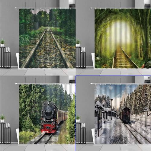 3D Printing Train Railway Polyester Waterproof Bathroom Screen Ornaments Shower Curtain Home Decoration Background Curtains