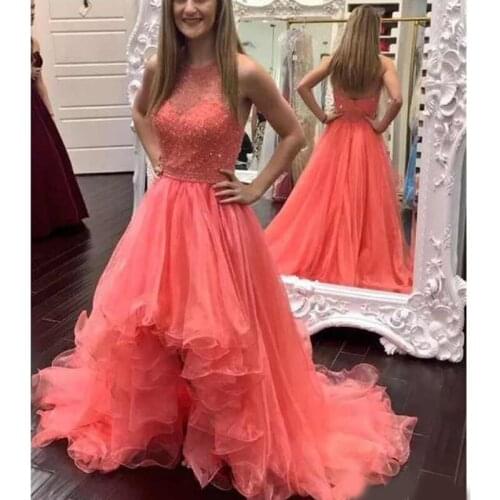 Jewel Sleeveless Lace Beaded Prom Dresses Custom Made A-Line Party Dresses Sexy Back Asymmetrical Formal Evening Gowns