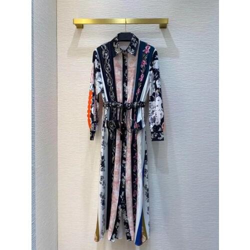 High Quality New 2021 Spring Runway Dress Women Sexy Turn down Collar Belt Vintage Flowers Print Long Sleeve Long Dress