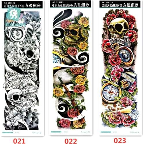 1 sheet Waterproof Temporary Tattoo Sticker Full Arm Large Skull Old School Tatoo Stickers Flash Fake Tattoos for Men Women