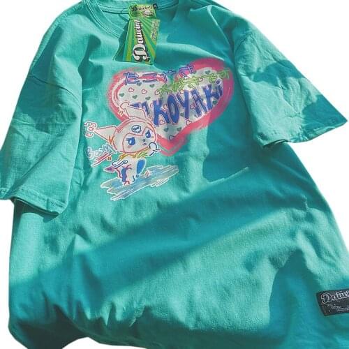 2021 Long Summer Japanese Korean Cotton Women T Shirt Print Comics Pink Love Heart Angel Baby Lake Blue Lady Tees Tops Female