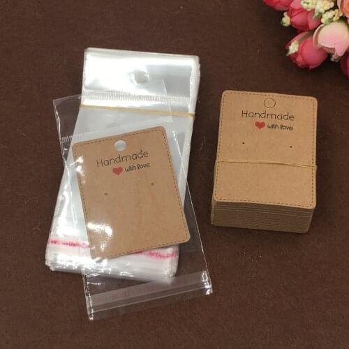 300pcs Kraft paper handmade with love jewelry cards earring packing cards 6.5*5cm holder jewelry displays card + opp bags