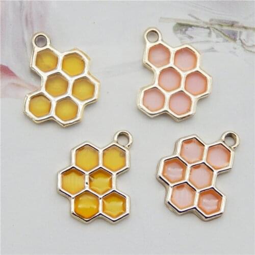 Julie Wang 6PCS Enamel Honeycomb Charms Mixed Pink Yellow Hive Pendants Alloy Necklace Bracelet Jewelry Making Accessory
