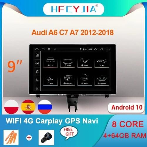 9" Android 10 System Car Radio Player For Audi A6 C7 A7 2012-2018 WIFI 4G 8 Core CPU 4+64GB RAM BT GPS Navi Multimedia Screen