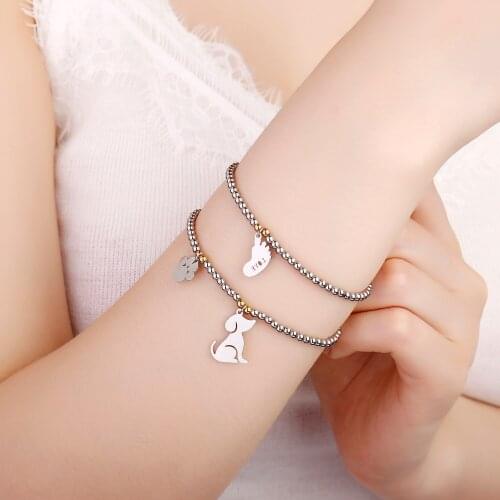 Cute Small Clover Charms Bracelet Women Gold Elastic Beads Chain Music Note Angle Dog Owl Stainless Steel Bracelet Jewelry Gifts