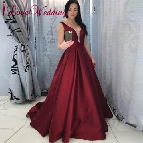 New Fashion Wine Red Evening Dress A Line Sexy V Neck Satin Custom made Open Back Sexy Evening Dresses Long