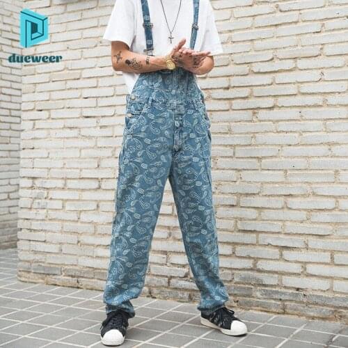 DUEWEER Men Paisley Floral Denim Overalls Casual Distressed Jumpsuits Blue Cargo Baggy Trousers Harajuku Plus Size