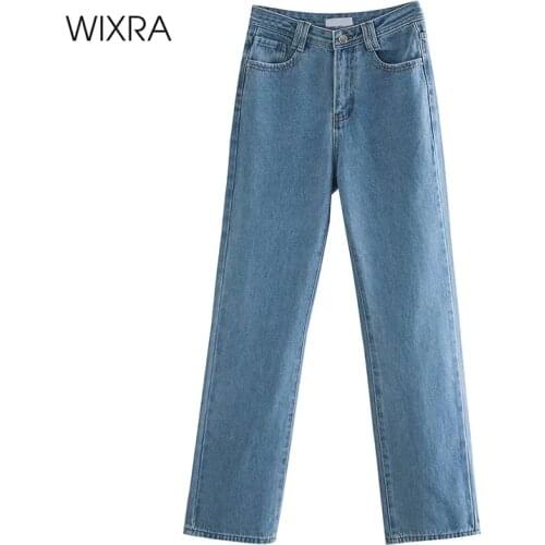 Wixra Womens Demin Pants Wide Leg High Waist Straight Jeans Womens Street Style Button Zipper Ladies Spring Autumn