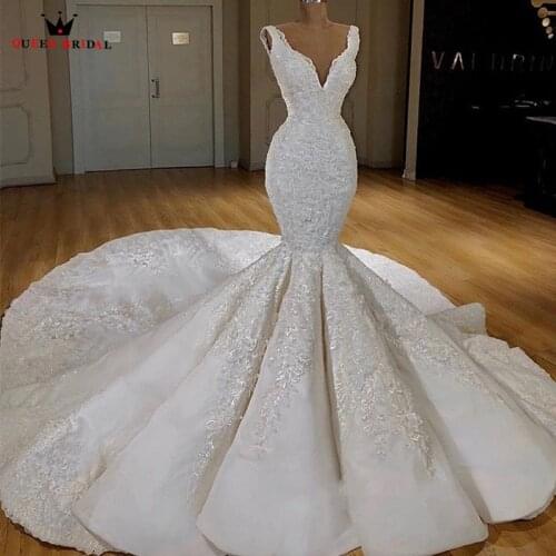 Custom Made Mermaid V-neck Big Train Tulle Lace Appliques Luxury Vintage Sexy Wedding Dresses 2021 New Wedding Gown NY75