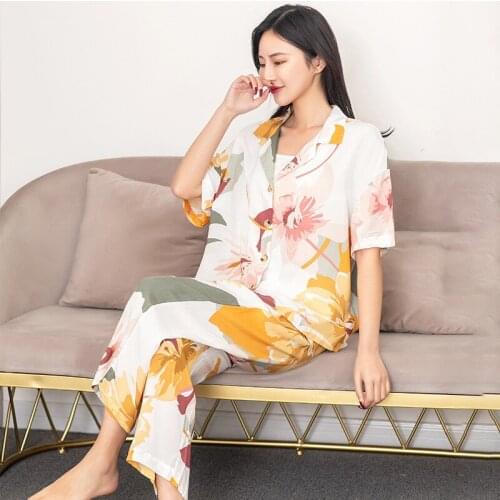 Plus Size Women Casual Pajamas 2PCS Short-sleeved Shirt With Long Pants Pajamas Set Printing Turn-Down Collar Loose Home Clothes