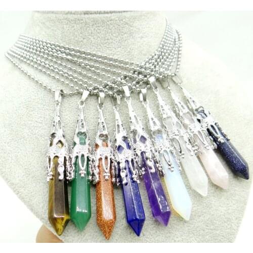 New product jewelry gold color faceted stone natural quartz crystal Opal tiger eye pendulum hexagonal suspension necklace 1pcs