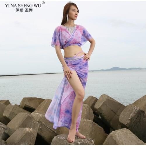 Belly Dance Clothing New Women Dance Costumes Set Belly Dance Practice Clothing Short Sleeve Top Split Skirt Halter 3pcs Set