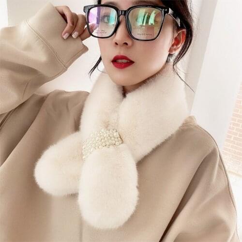 Autumn and Winter New Pearl Fur Plush Neck Womens Pearl Buckle Cross Thickening Fur Like Rex Rabbit Fur Scarf Versatile
