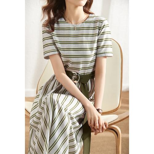 VIMLY Midi Dress for Women Japanese Style Striped Short Sleeve 2021 Summer Elastic Waist Loose Dresses Elegant Sundress F8196