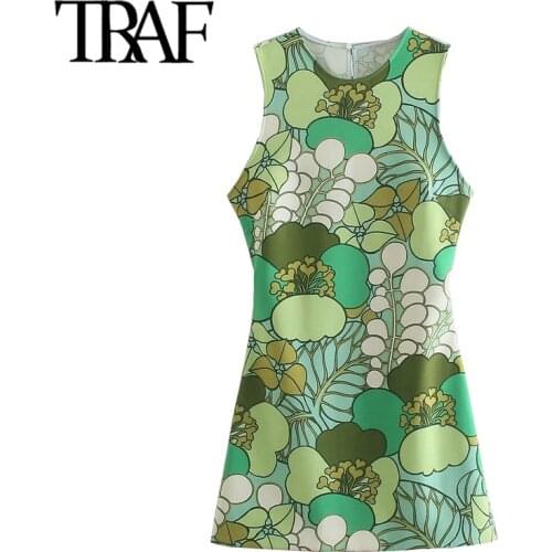 TRAF Women Chic Fashion Back Hollow Out Printed Mini Dress Vintage O Neck Sleeveless Female Dresses Mujer