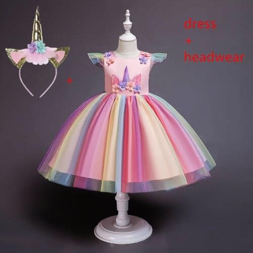 2019 Flower Girls Unicorn Tutu Dress Pastel Rainbow Princess Girls Birthday Party Dress Children Kids Halloween Unicorn Costume