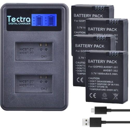 Tectra 4Pcs 1600mAh AHDBT-301 AHDBT 301 Go Pro Hero3 Li-ion Battery + LCD USB Dual Charger for GoPro Hero3 Hero3+ Camera