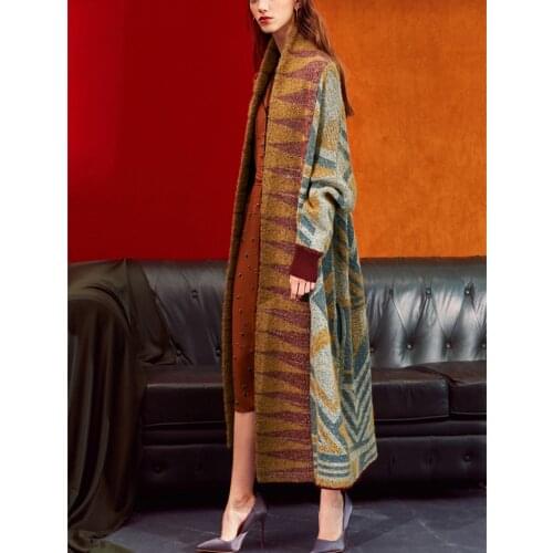 High grade wool cotton blend patchwork color geometric pattern knit women long cardigan overcoat S/M
