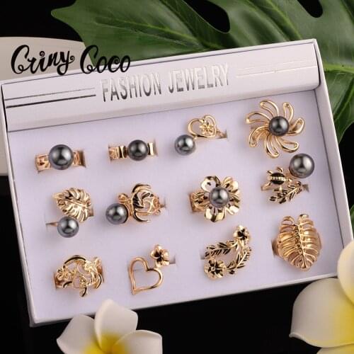 Cring Coco Pearl Rings Hawaiian Polynesian Wholesale Price Gold Plated Flower Sea Turtles Ring Set Jewelry Sets for Women Gifts