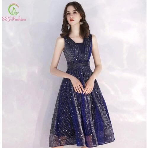 SSYFashion New Cocktaild Dress Banquet Elegant Navy Blue V-neck Simple Short Party Formal Gowns Vestidos Formales Cortos
