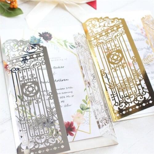 Vintage invitation door lace laser cut gold silver reflective wedding card pocket customized printing 50pcs