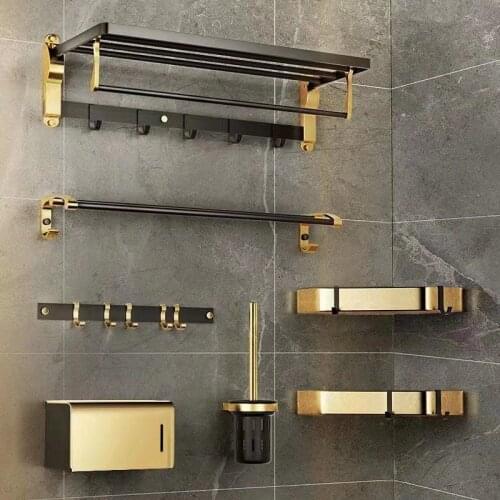 Punch-Free Bathroom Accessories Black Gold Luxury Bathroom Shelf Space Aluminum Bathroom Organizer Toilet Holder Towel Holder