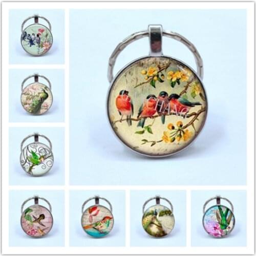 Vintage animal birds Keychain Glass dome art picture birds Key ring carves Animal Jewelry